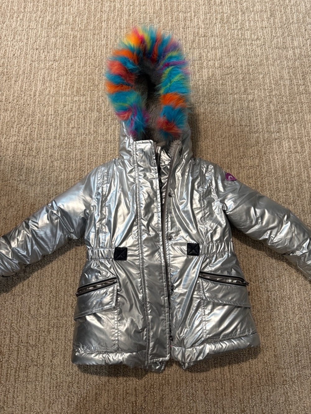 Appaman Silver Puffer Jacket with Rainbow Removable Fur Toddler Girl 3T